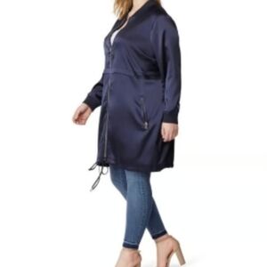 Rebel Wilson X Angels Satin Drawstring 2-Way Zip Bomber Jacket - Navy Blue - 0X